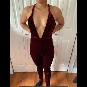 Velvet open back pants one piece